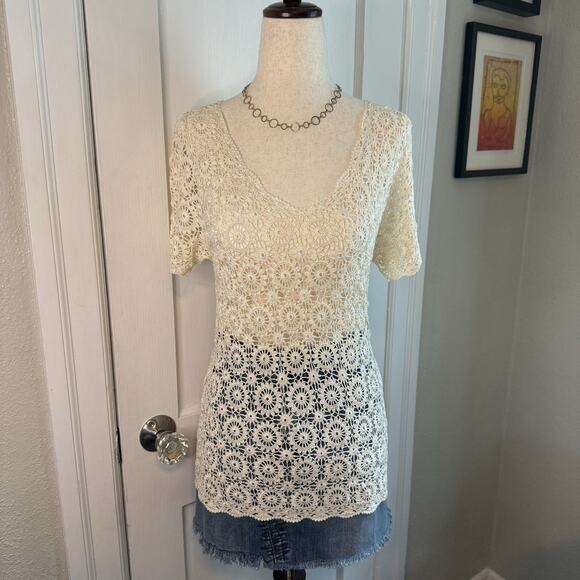 Vintage Boho Gypsy Dainty Hand Made Crochet Lace Blouse Top Cream Wms Sz S - Picture 1 of 8